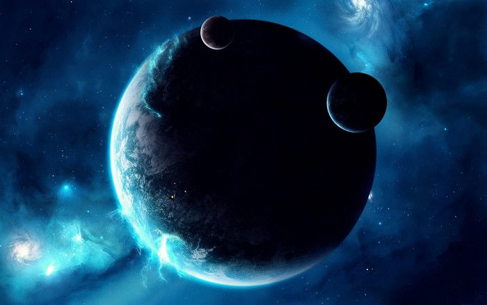 Planet and moons in outer space with nebulae