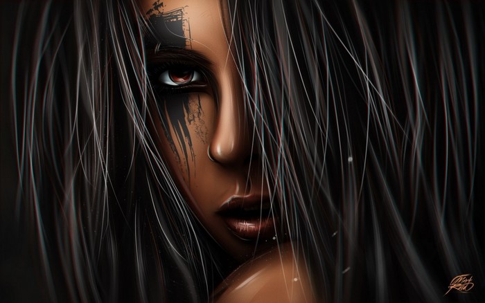 Close up of a woman with dark hair and face paint