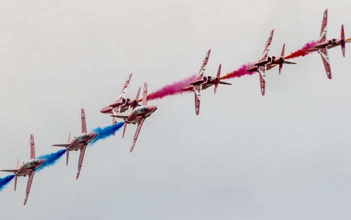 Red Arrows aerobatic team flying in formation