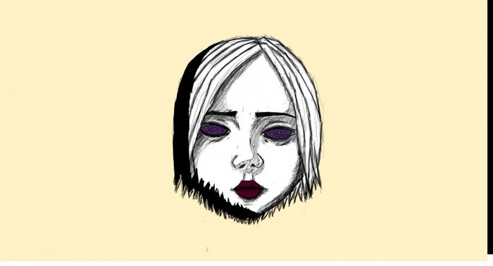Sketch of a face with starry eyes and dark lips