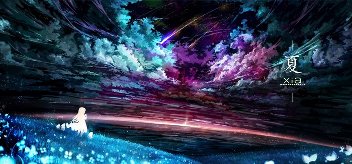 Anime girl in a field under a colorful night sky with shooting stars