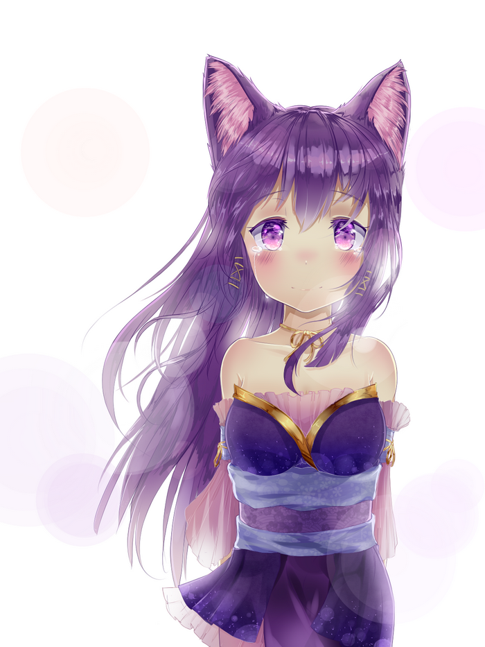Anime girl with purple hair and cat ears crying