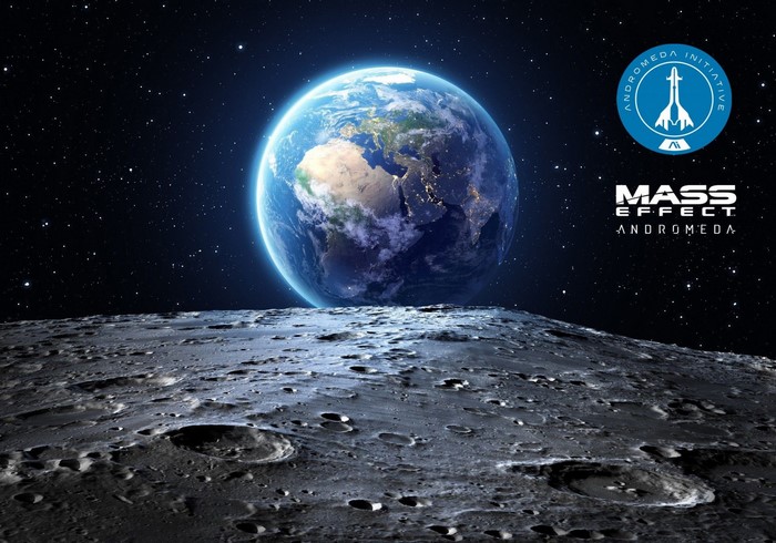 Mass Effect Andromeda Earth and Moon with Andromeda Initiative logo
