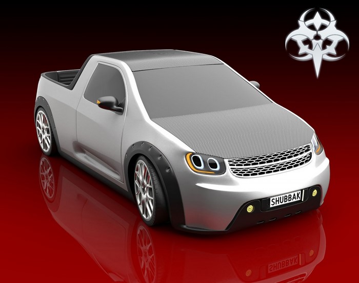 Silver concept pickup truck with carbon fiber hood