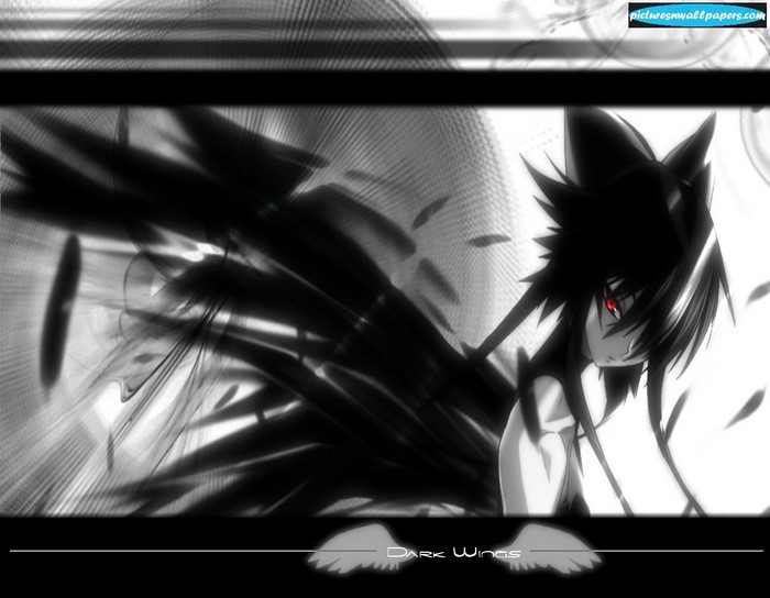 Anime character with dark wings and red eyes