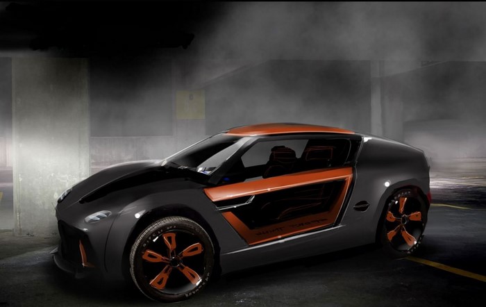 Black and orange concept sports car in a parking garage