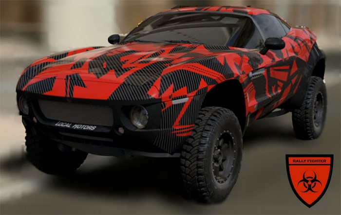 Local Motors Rally Fighter with red and black camouflage