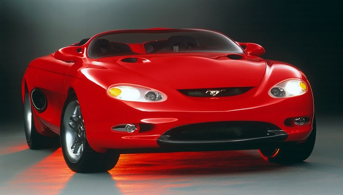 Red Ford Mustang concept car with Mustang emblem