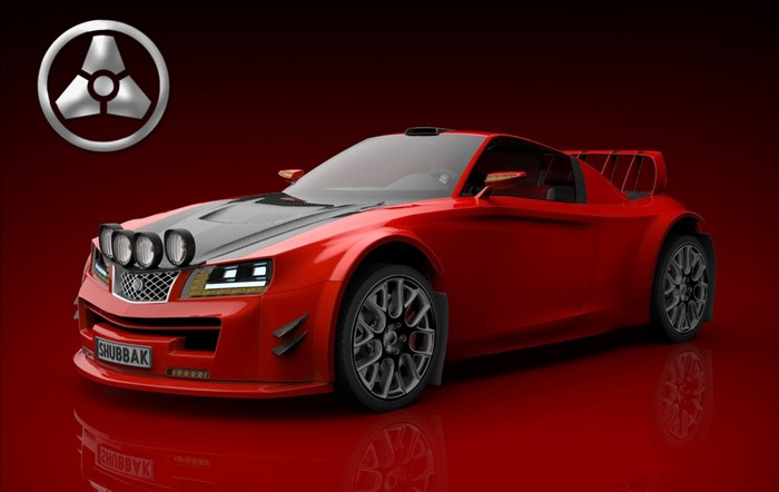 Red rally concept car with carbon fiber hood and spoiler