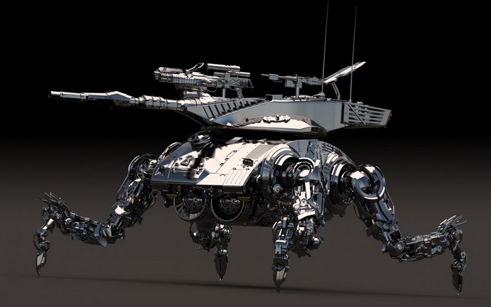Chrome spider tank robot with cannons