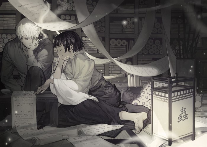 Ginko and Tanyu from Mushishi in a library