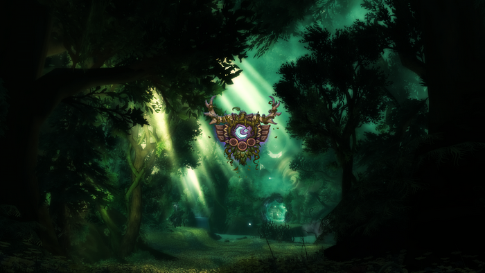 Druidic symbol in a mystical forest with sunbeams