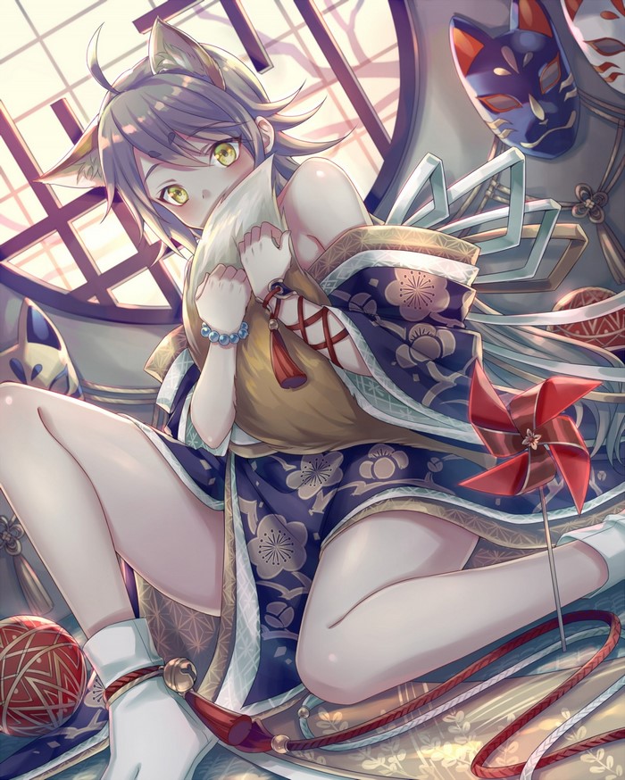 Anime girl with fox ears and tail in kimono
