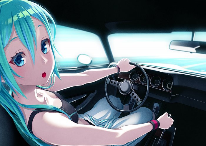 Hatsune Miku driving a sports car