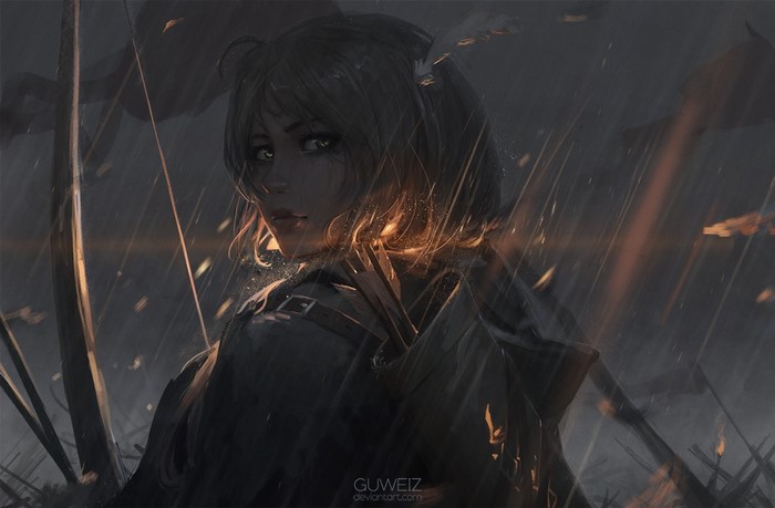 Female soldier in dark, rainy environment