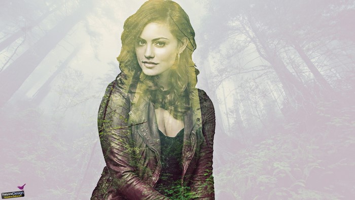 Woman superimposed on a forest background