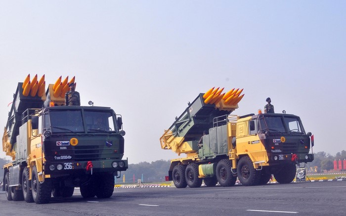 Indian Army Pinaka Rocket System trucks on asphalt