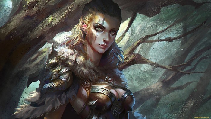Fantasy art of a woman warrior in a forest