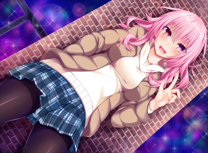 Anime girl with pink hair and red eyes wearing a skirt