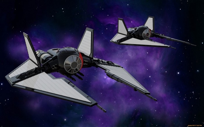 Two TIE/fo space fighters in space