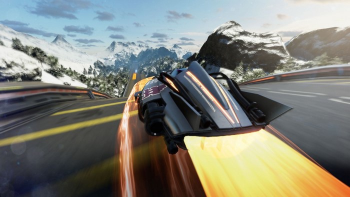 Futuristic racing vehicle on a snowy mountain road