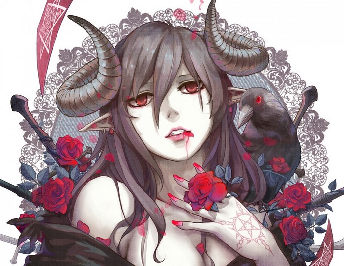 Anime girl with horns and a raven surrounded by roses