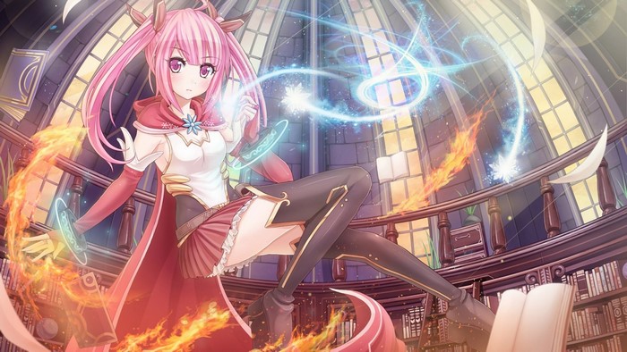 Anime girl with pink hair casting magic in library