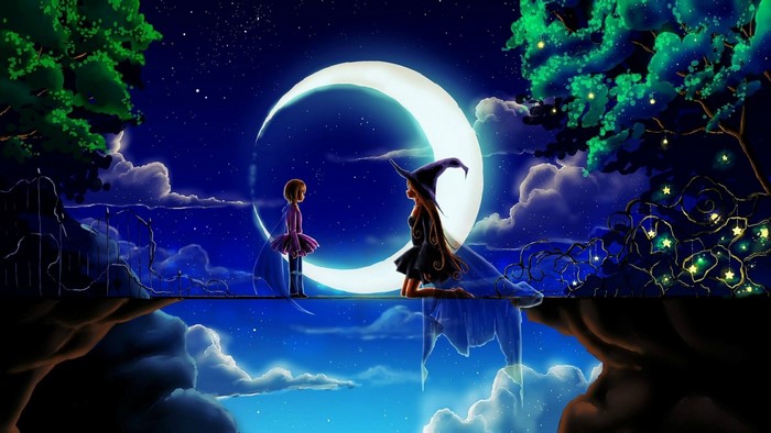 Two anime girls on a bridge under a crescent moon