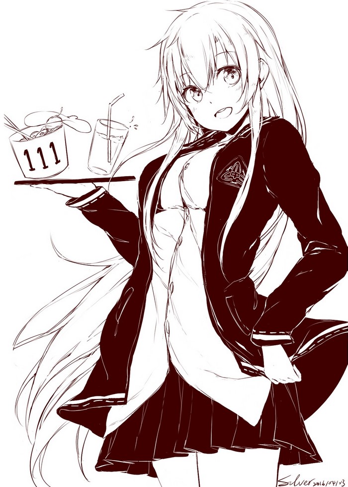 Anime girl in uniform serving food and drink