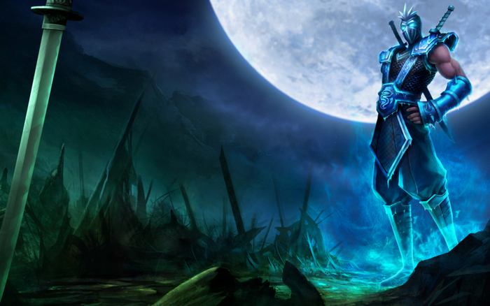 Shen from League of Legends in a dark landscape