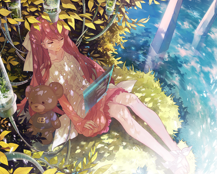 Girl with teddy bear and futuristic plants
