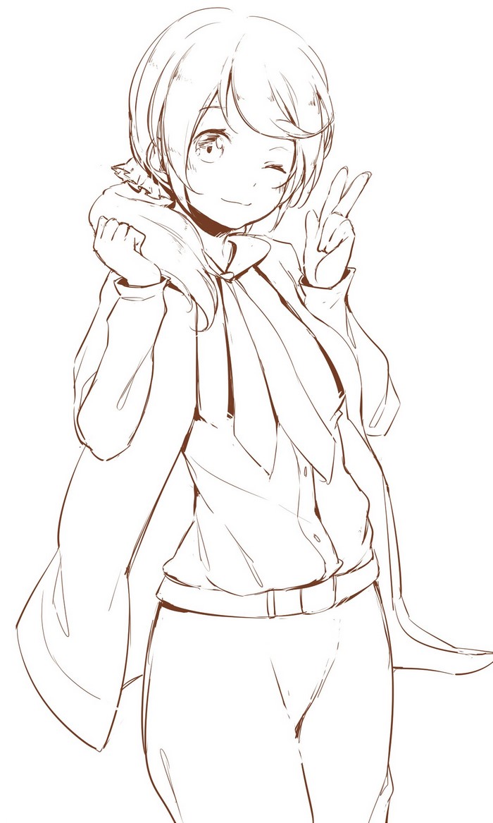 Anime girl with a small creature and a bow tie