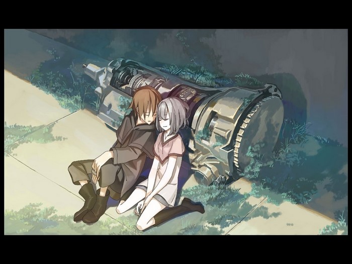 Anime couple sleeping next to machinery