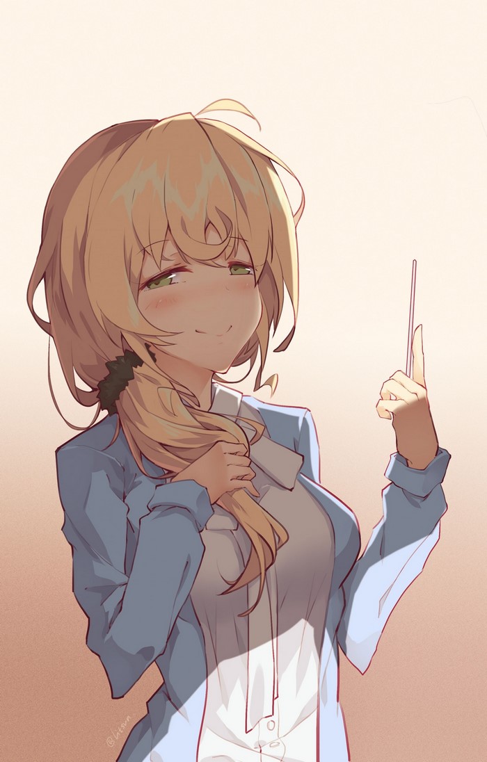 Anime girl with blonde hair holding a stick
