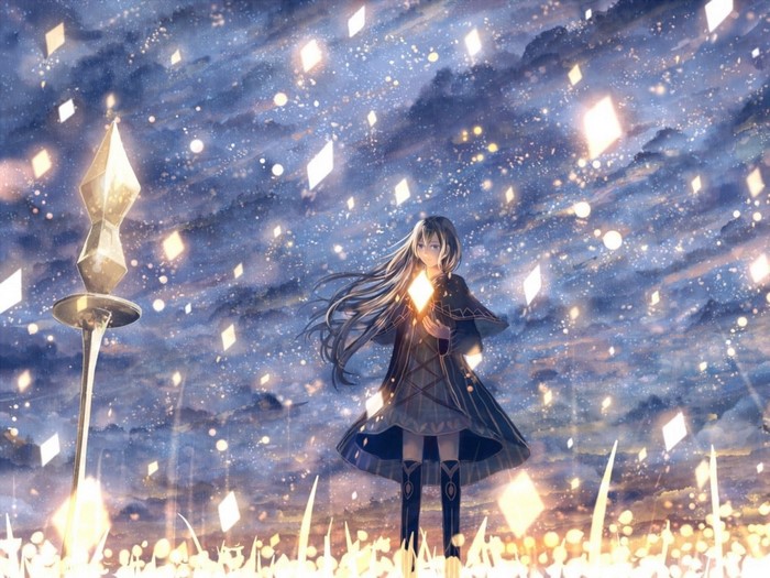 Anime girl holding a glowing object under a starry sky