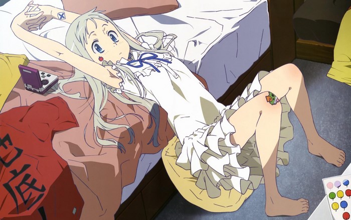 Menma from Anohana lying on a bed