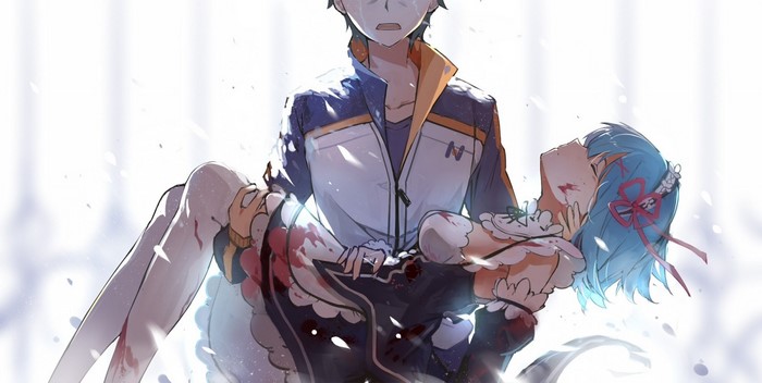 Subaru carrying Rem from Re:Zero
