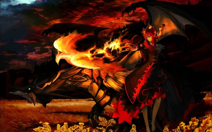 Anime girl with red hair riding a dragon breathing fire