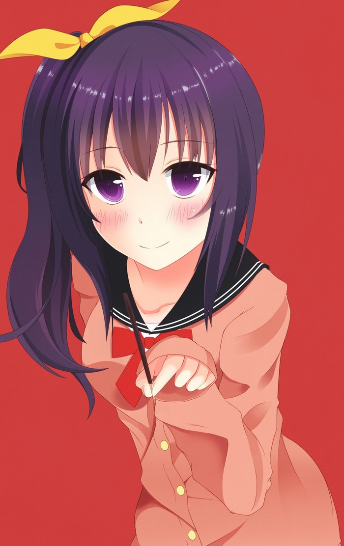 Anime girl with purple hair and purple eyes holding a chocolate stick