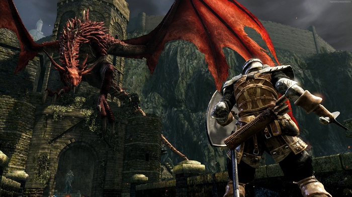 Dragon fighting a knight in Dark Souls Remastered 4K