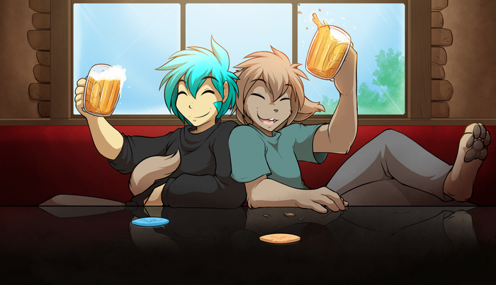 Two anthropomorphic characters toasting with beer