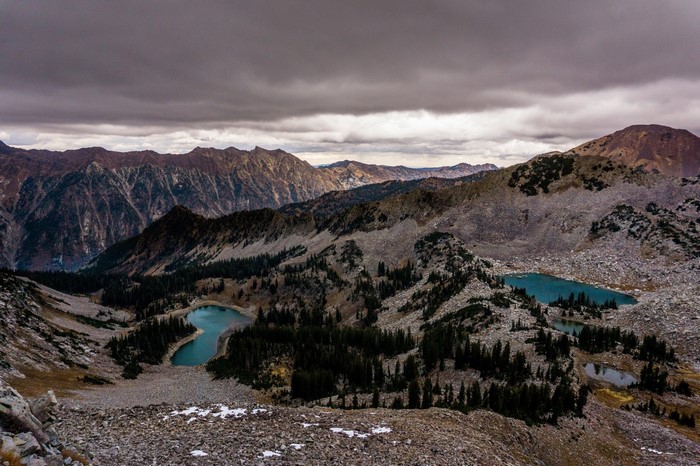 Mountain landscape with lakes and dramatic clouds