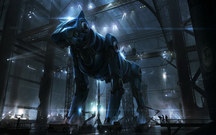 Giant blue robot panther in a factory