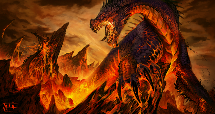 Dragon in a volcanic landscape