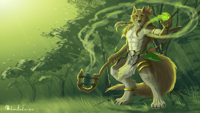 Furry Shaman casting magic in a green forest