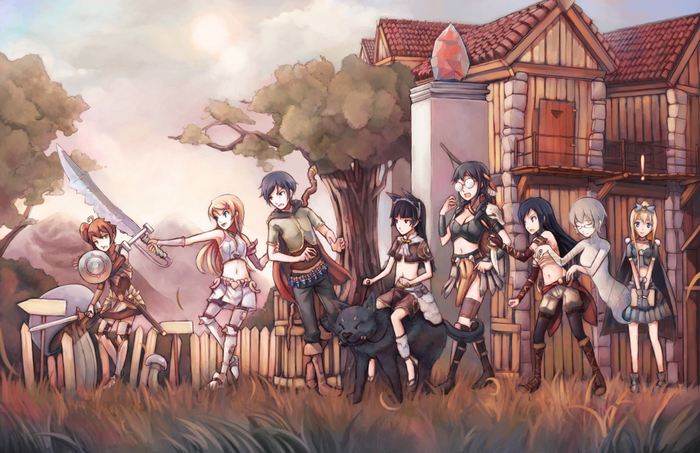 Anime characters with swords and a black panther in front of a building