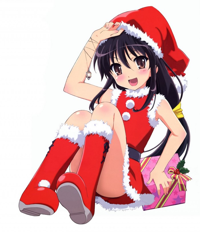 Anime girl in Santa costume with Christmas gift