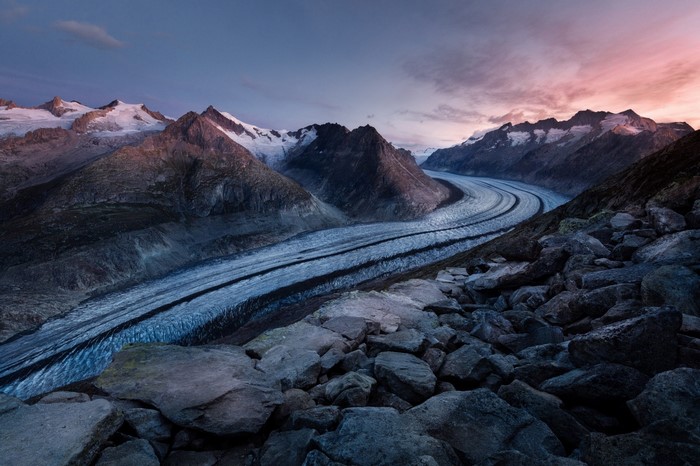 Aletsch Glacier in the Swiss Alps at Sunrise