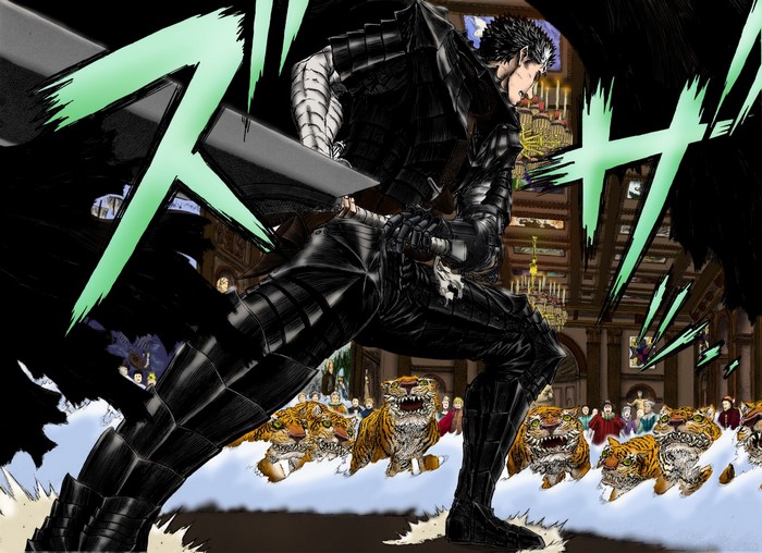 Guts from Berserk fighting tigers