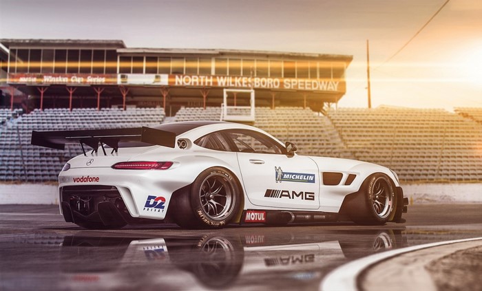 White Mercedes AMG GT race car at North Wilkesboro Speedway